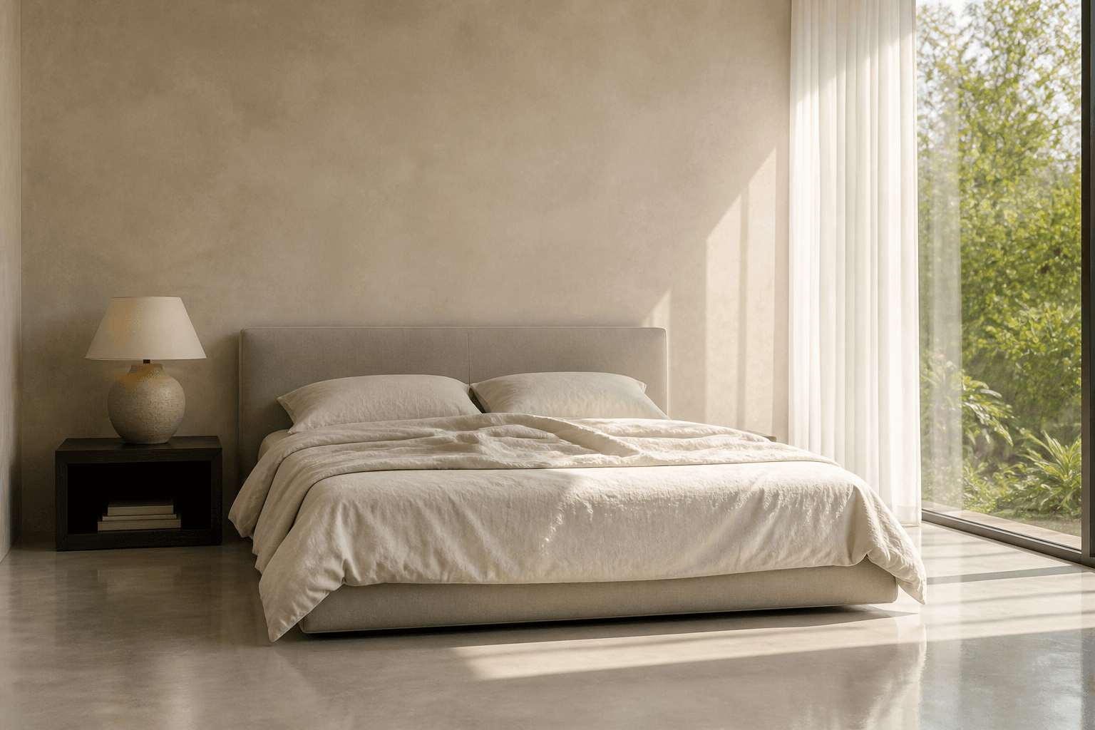 Calm bedroom with cream linen and a ceramic lamp