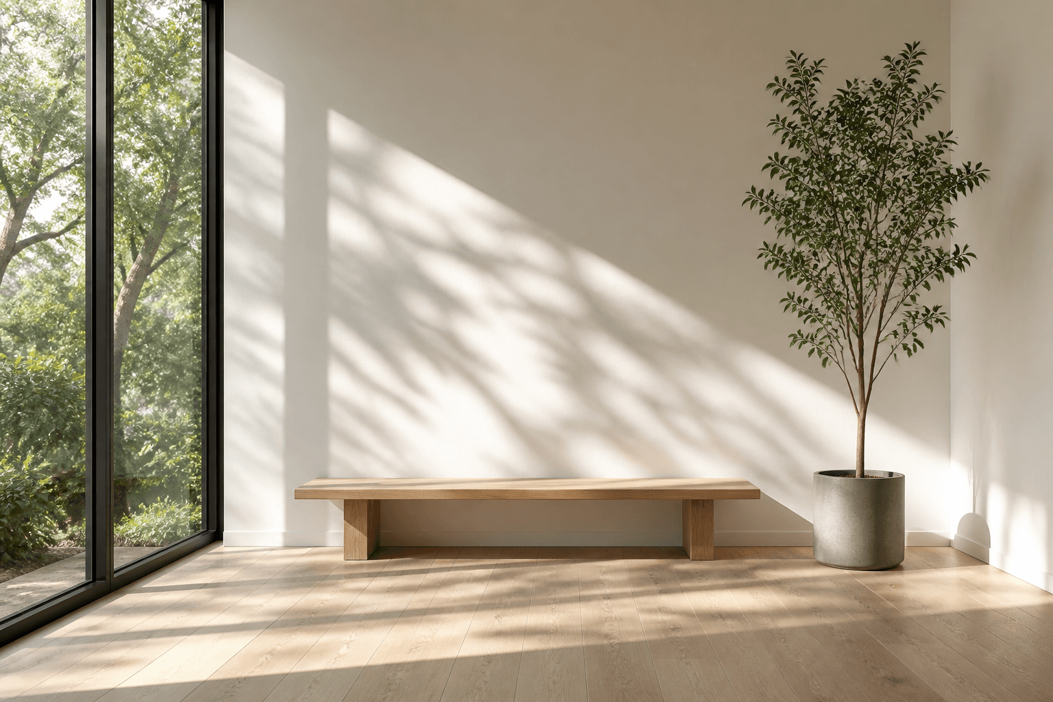 Uncluttered sunlit corner with a wood bench and a tall plant