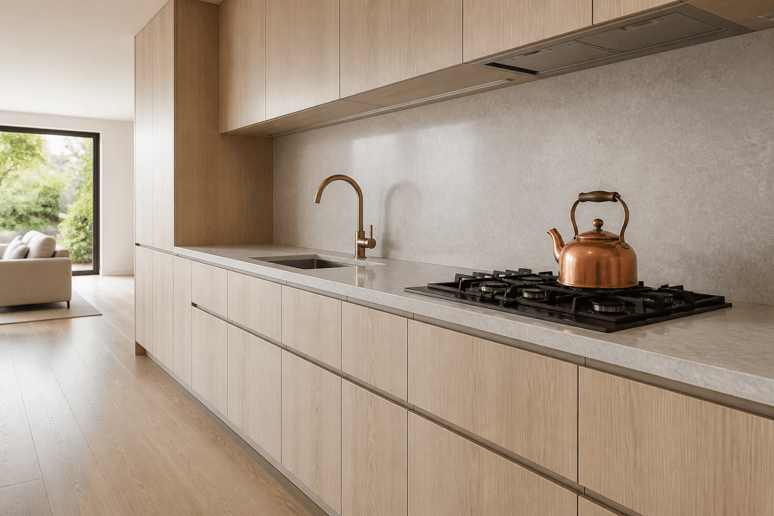 Handleless oak kitchen with a stone counter, a brass faucet, and a copper kettle on a gas cooktop