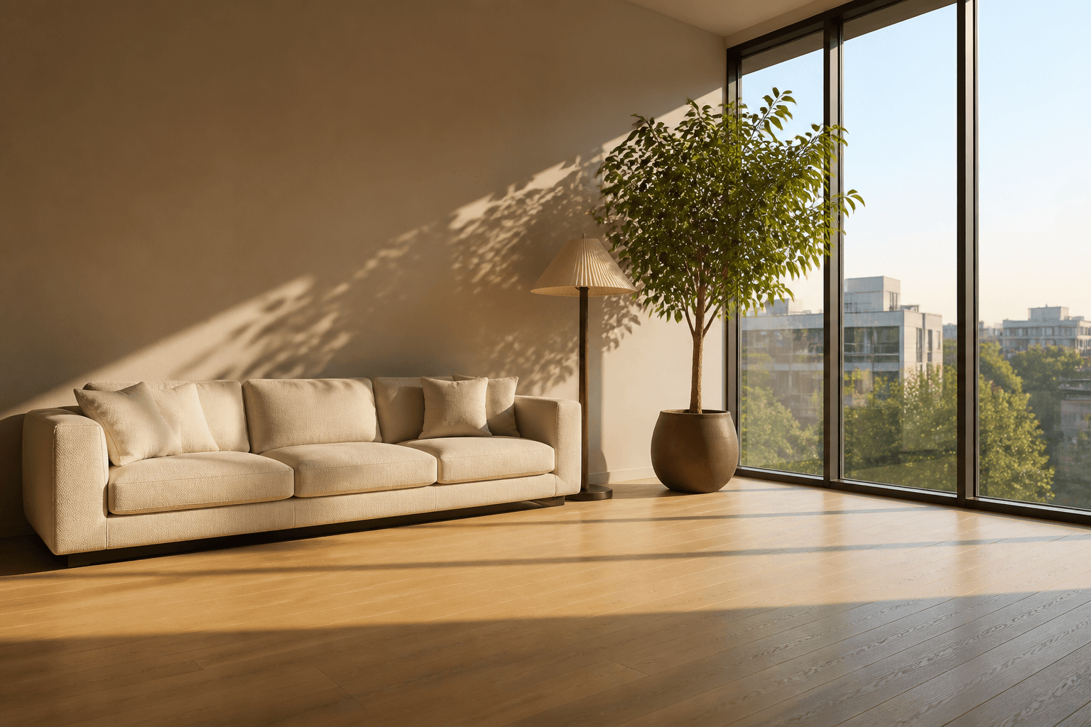 Sun-drenched modern living room with a low cream sofa, a floor lamp, and a tree by tall windows